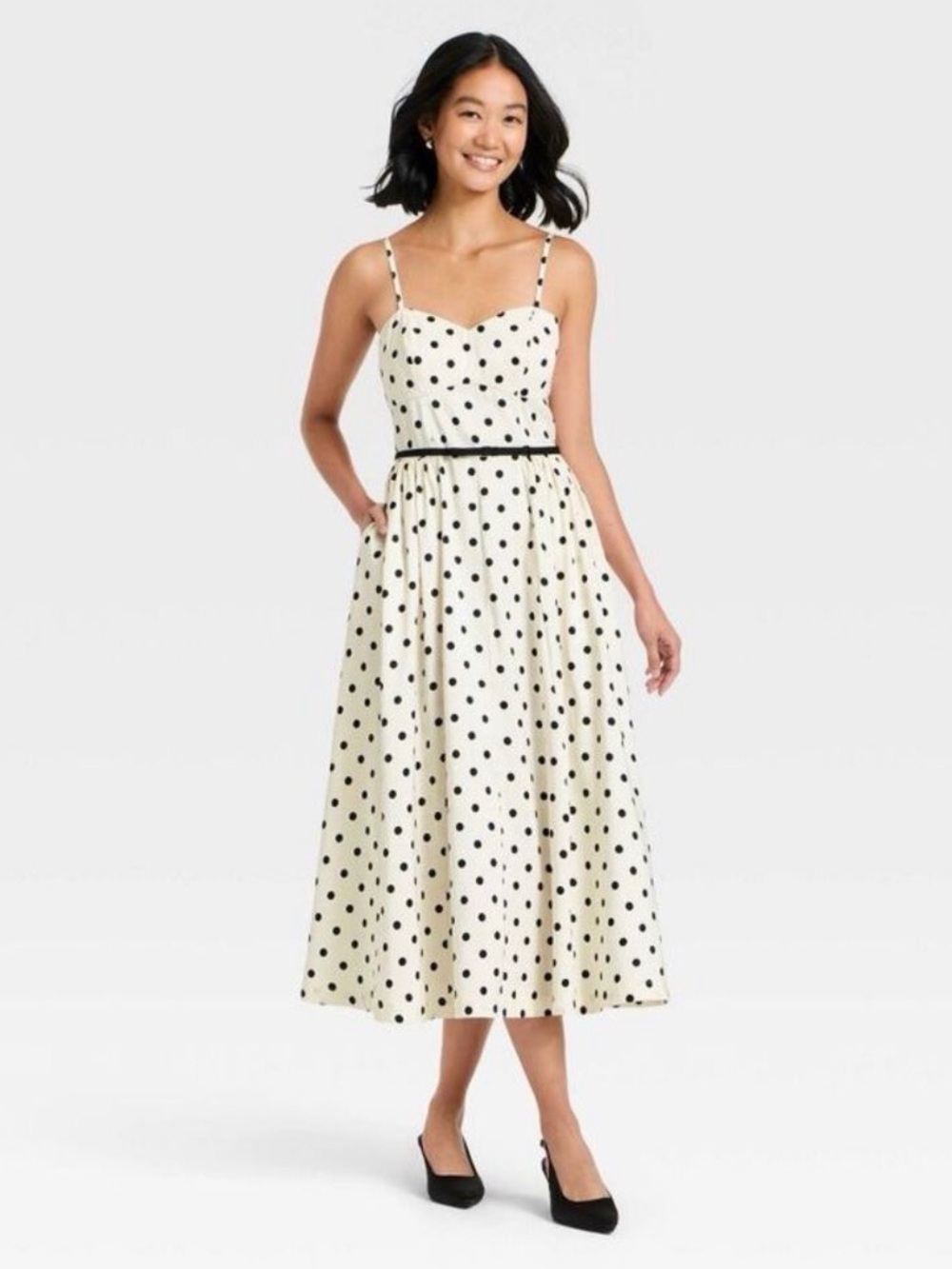 A New Day by Target Cream Polka Dot Midi Dress with Black Belt